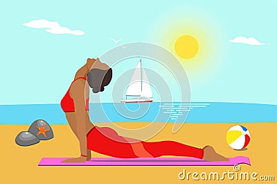 Vector. Girl does yoga exercises. The girl does yoga on a sunny beach. In the background is a yacht on the se Vector Illustration